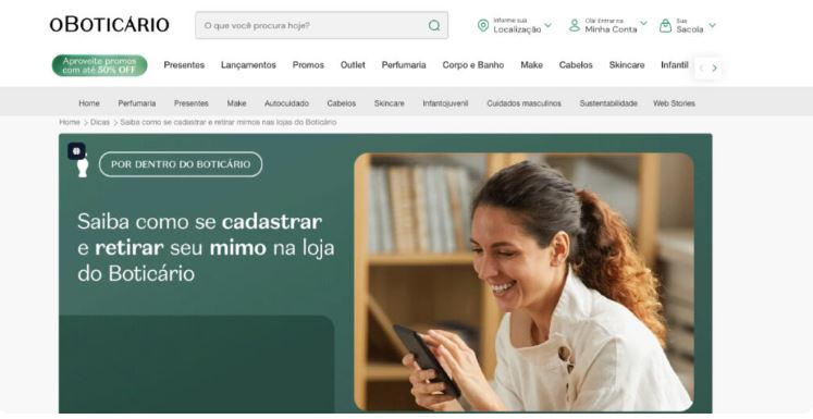 Página do site do Boticário com informações sobre cadastro e retirada de mimo